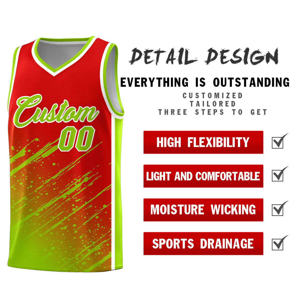 Custom Red Basketball Kits With Neon Green Paint Graffiti