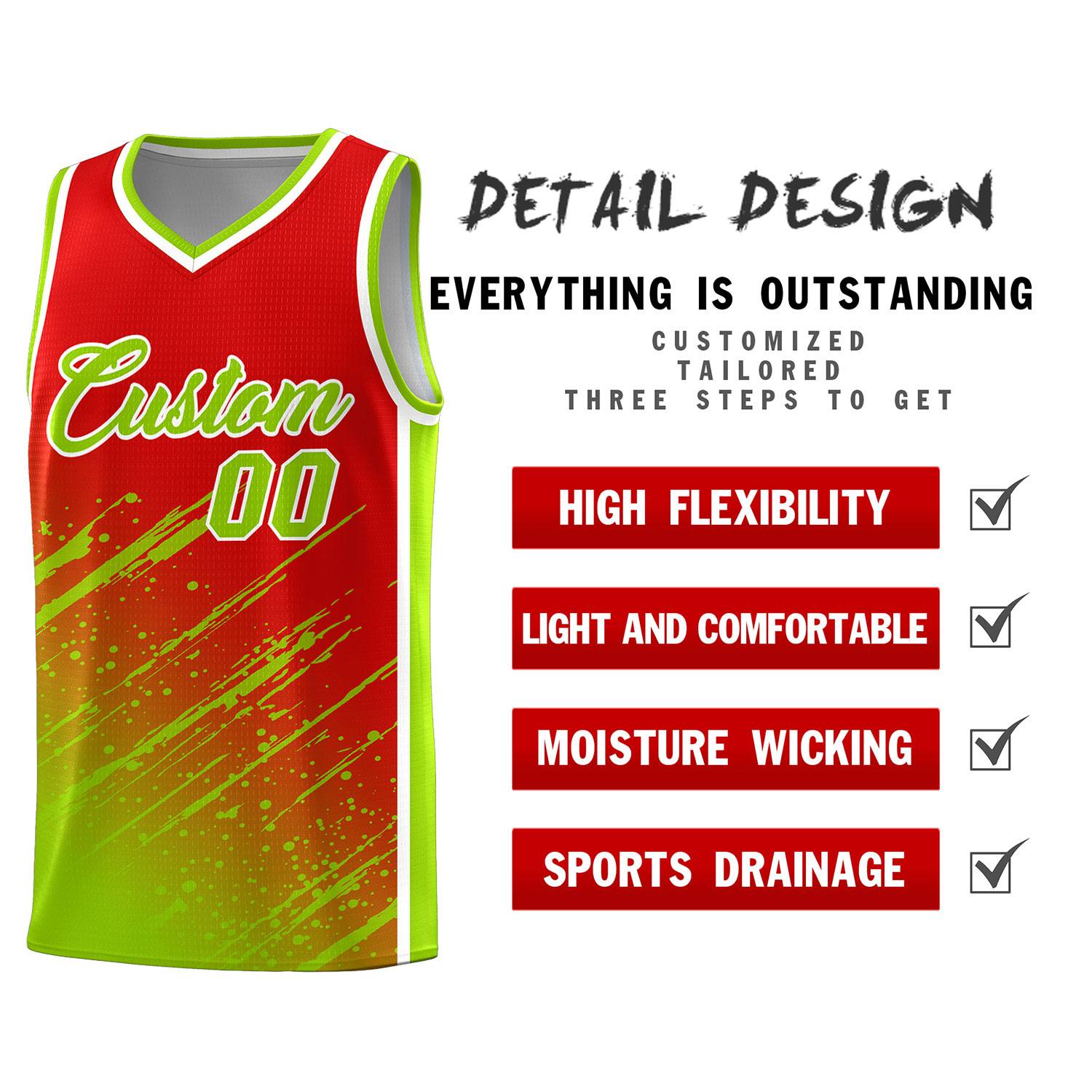 Custom Red Basketball Kits With Neon Green Paint Graffiti