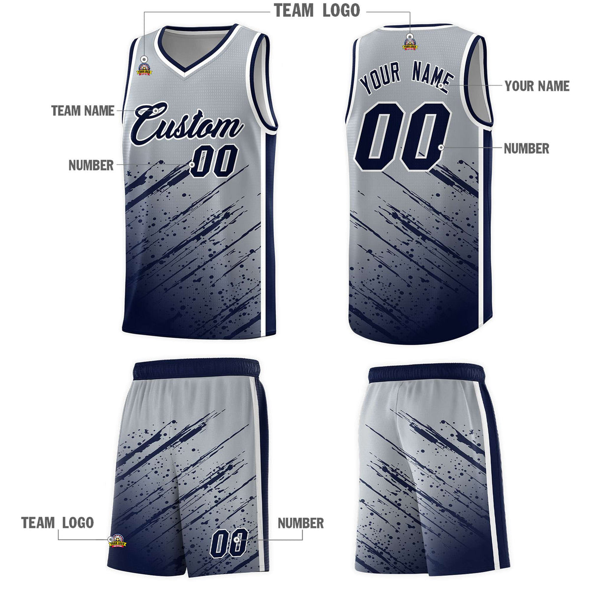 Custom Gray Basketball Kits With Navy Paint Graffiti