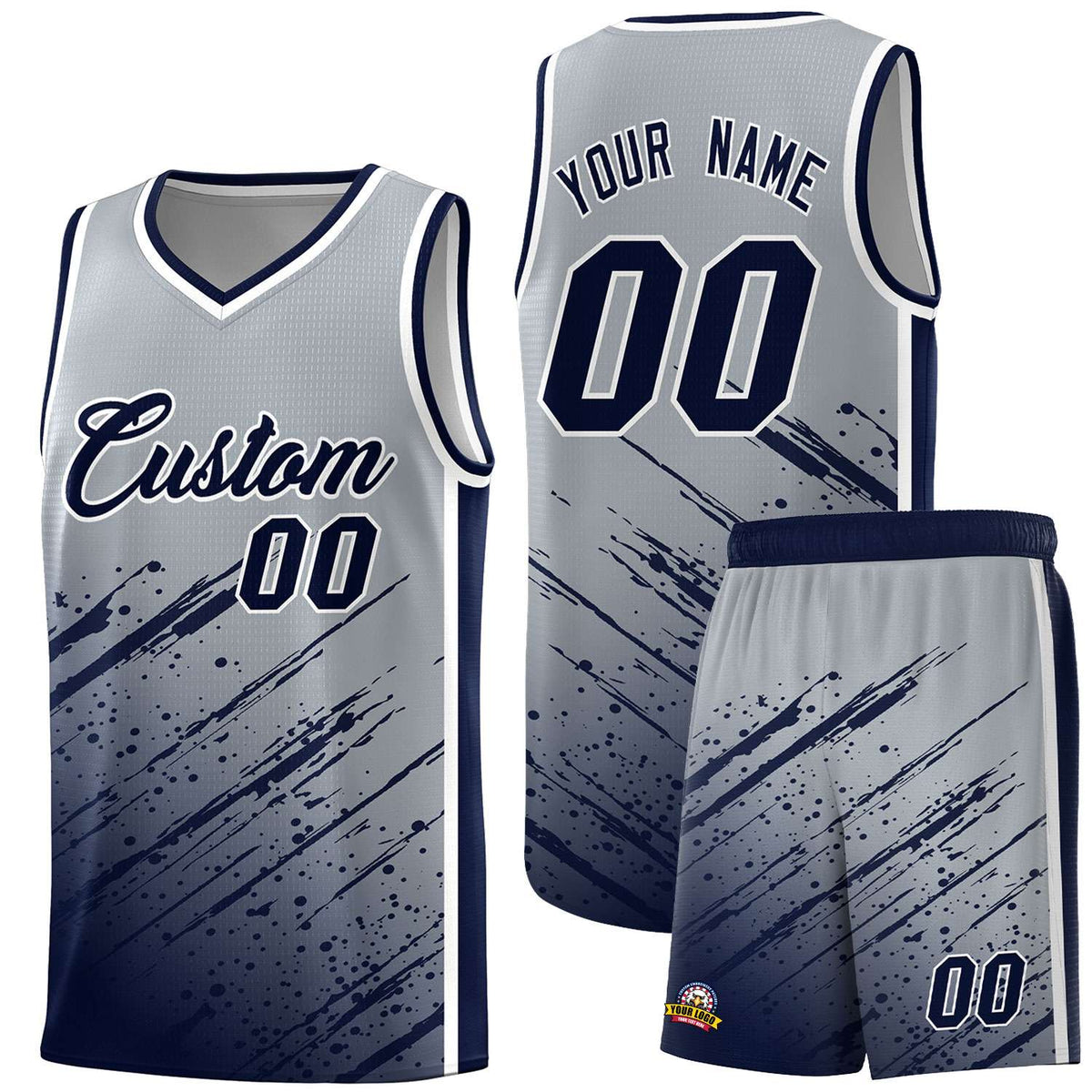 Custom Gray Basketball Kits With Navy Paint Graffiti