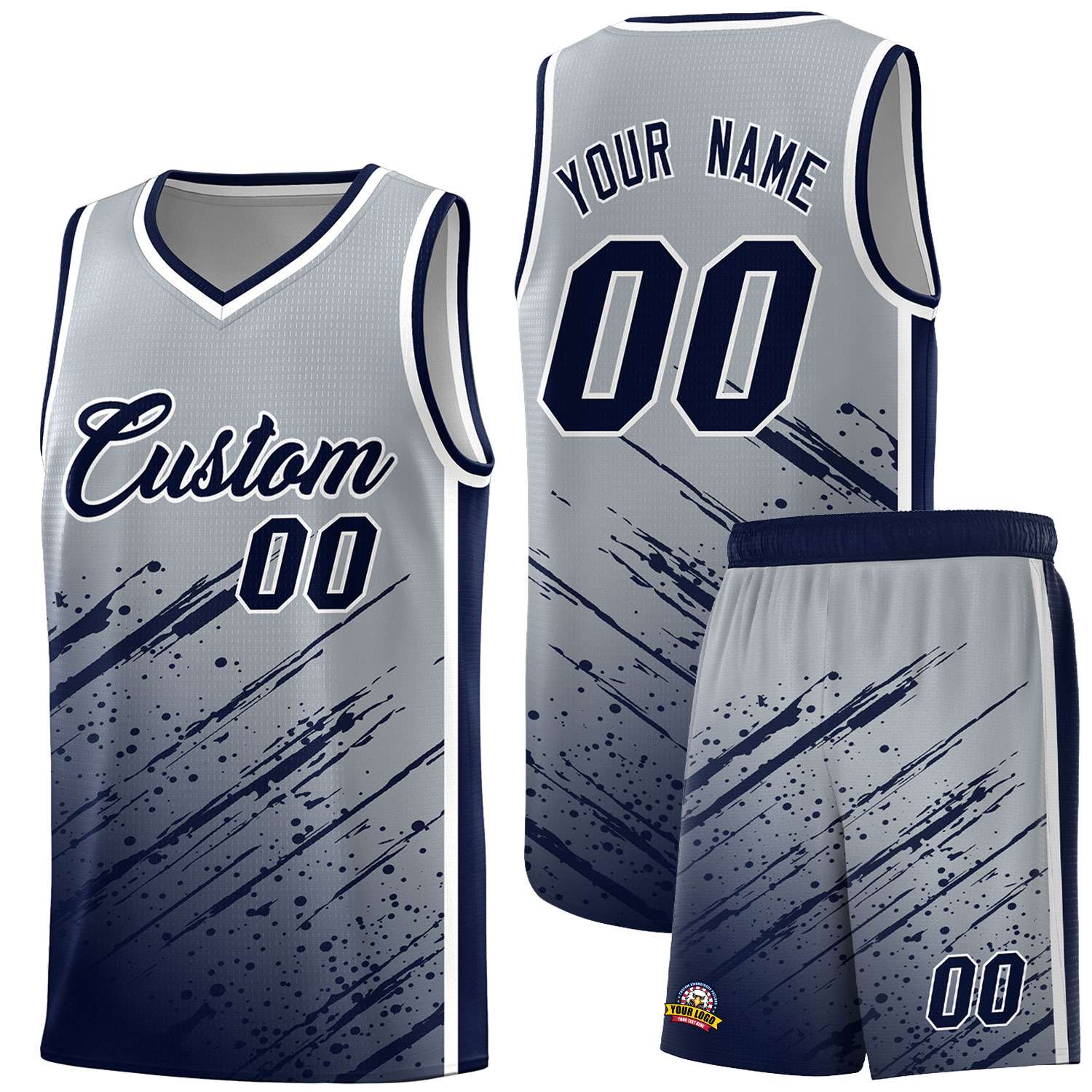 Custom Gray Basketball Kits With Navy Paint Graffiti