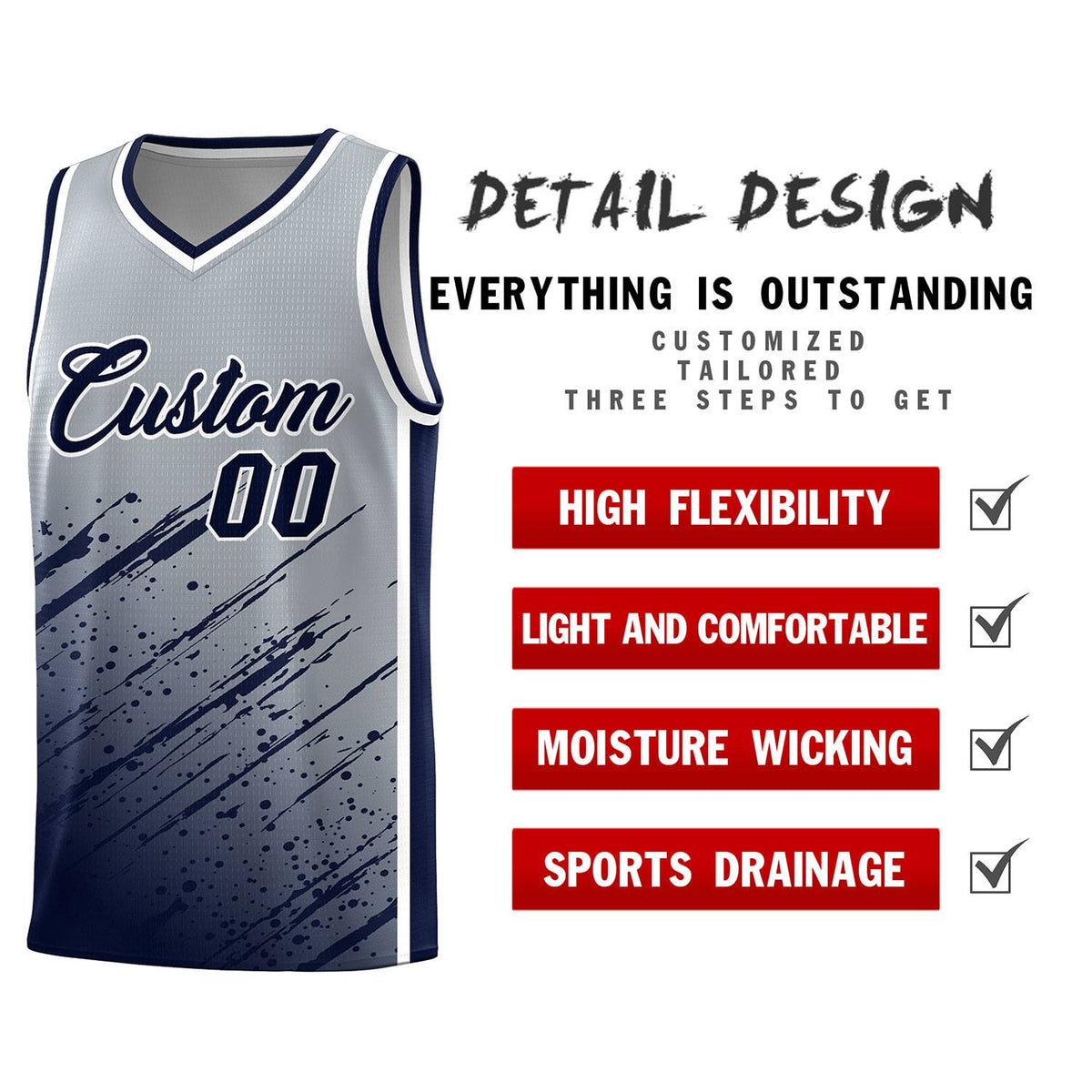 Custom Gray Basketball Kits With Navy Paint Graffiti