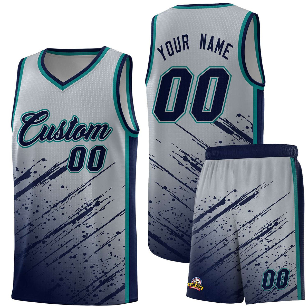 Custom Gray Basketball Kits With Navy Paint Graffiti
