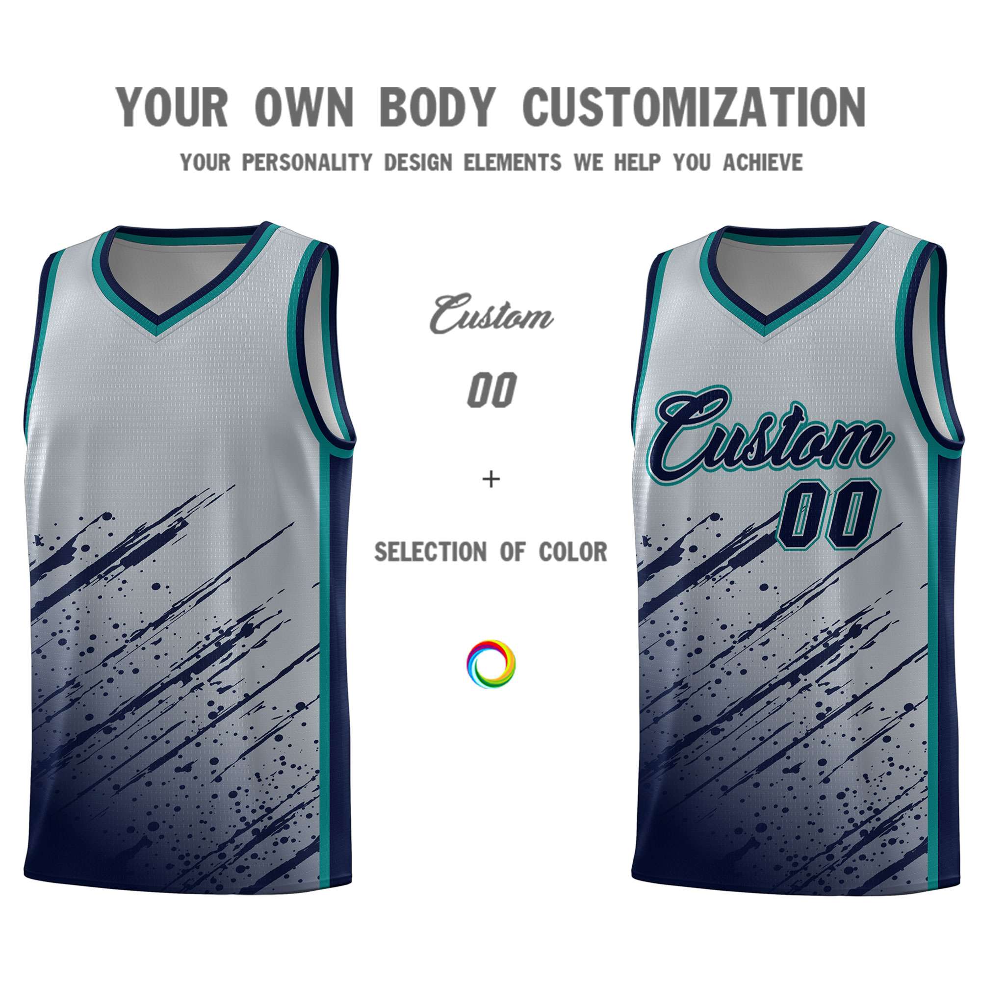 Custom Gray Basketball Kits With Navy Paint Graffiti