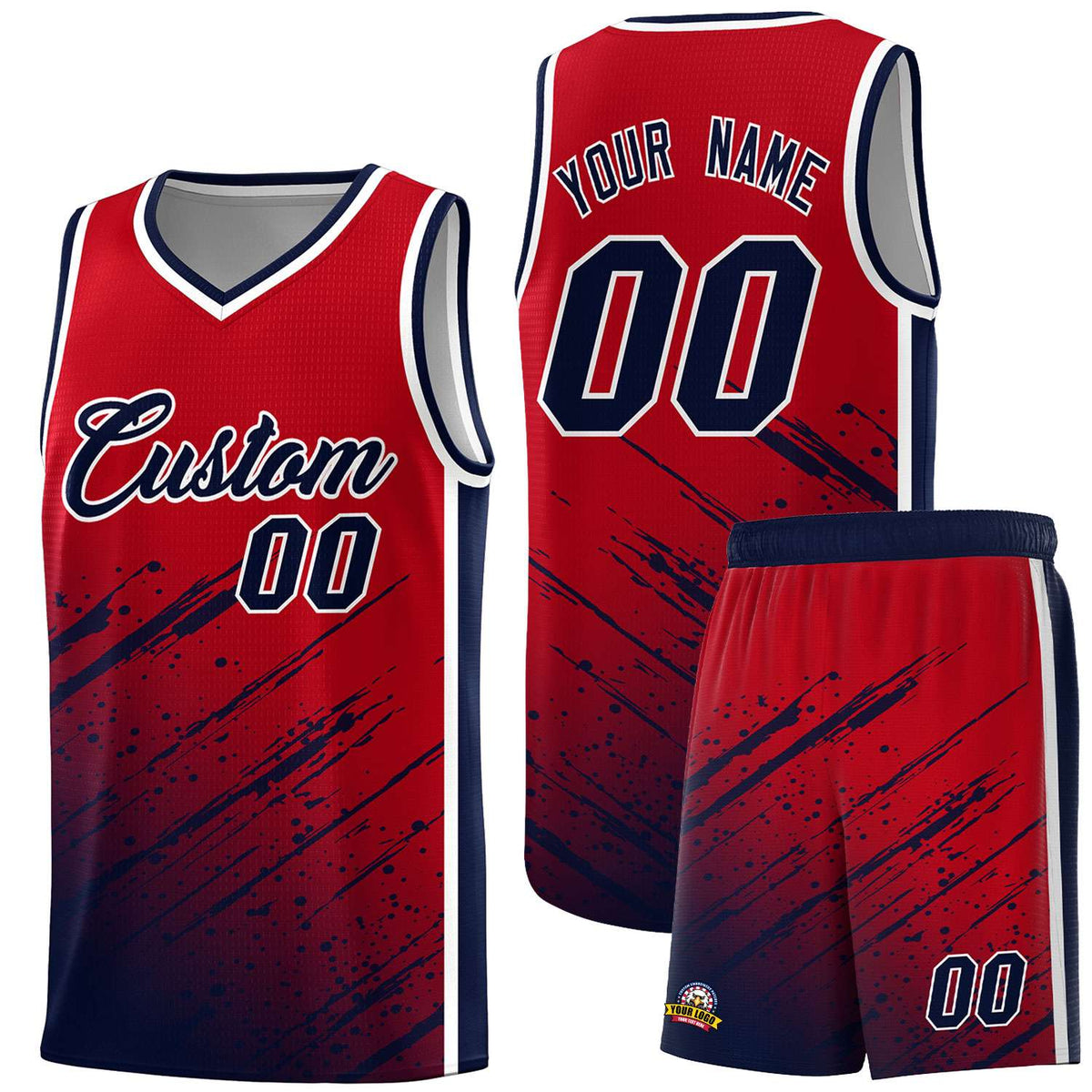 Custom Red Basketball Kits With Navy Paint Graffiti