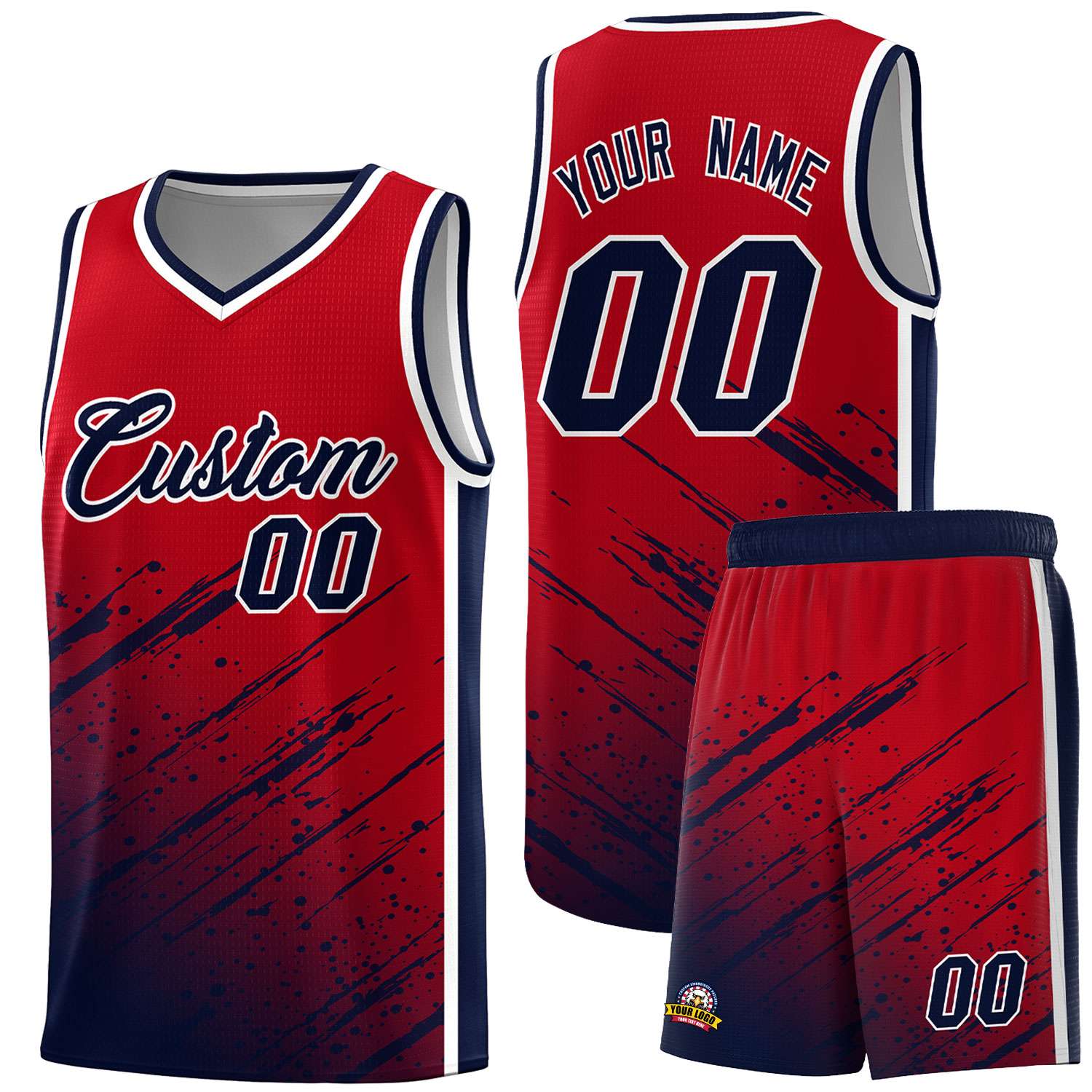Custom Red Basketball Kits With Navy Paint Graffiti