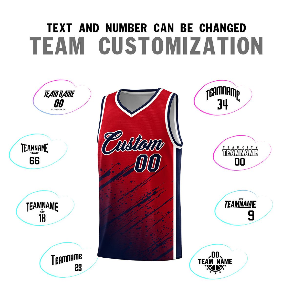 Custom Red Basketball Kits With Navy Paint Graffiti