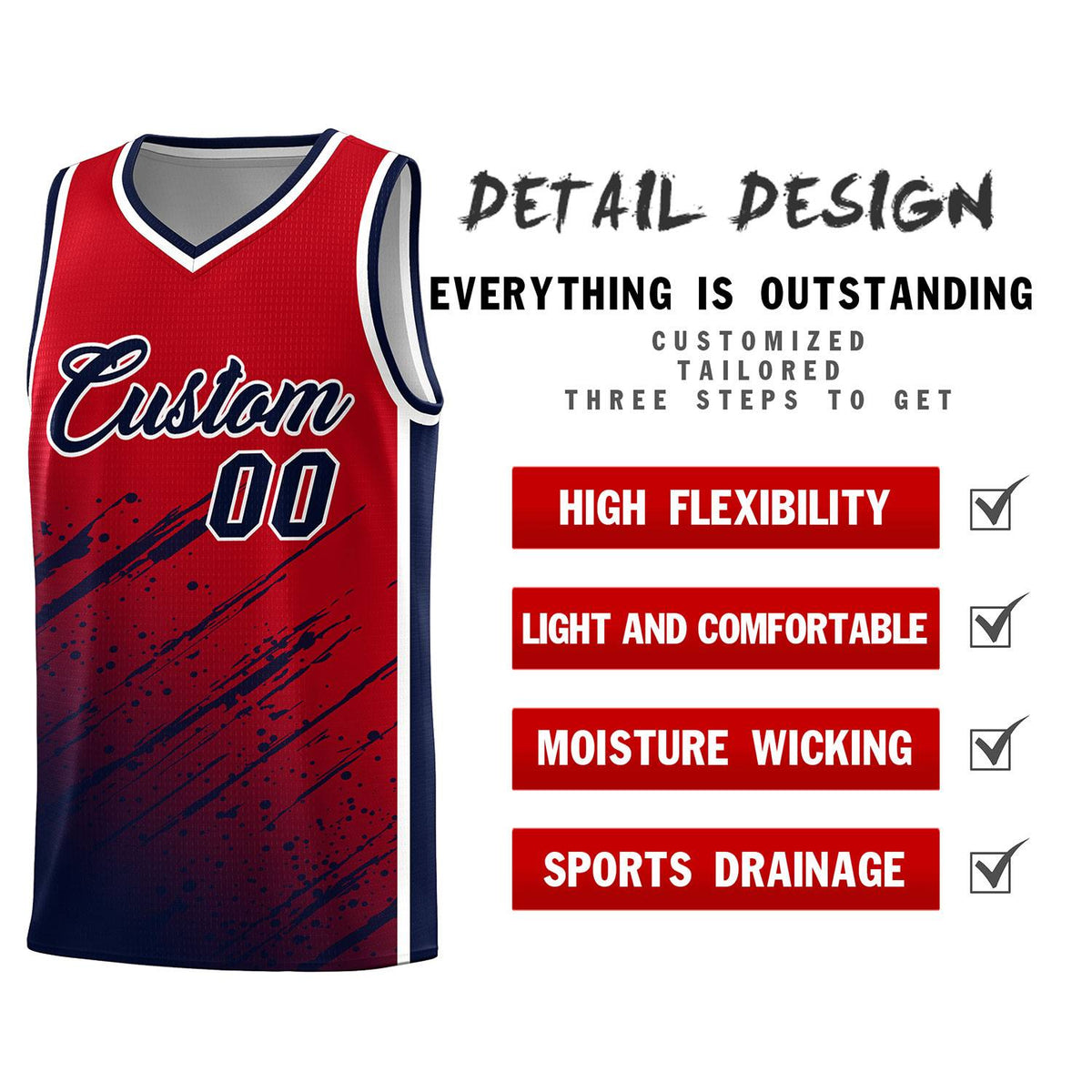 Custom Red Basketball Kits With Navy Paint Graffiti
