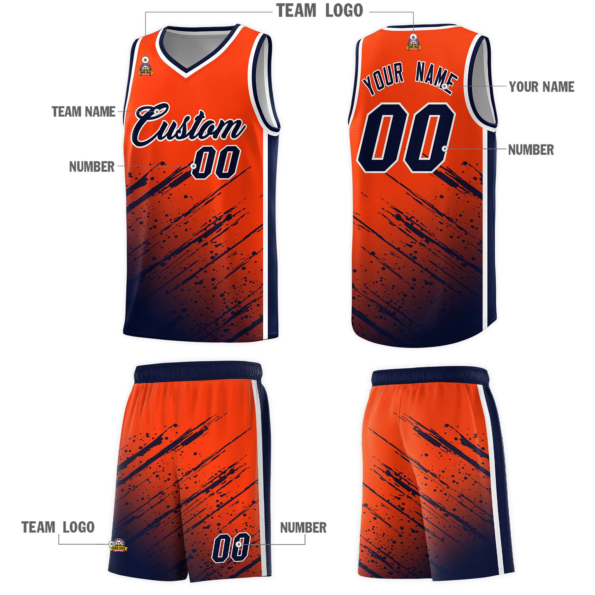 Custom Orange Basketball Kits With Navy Paint Graffiti