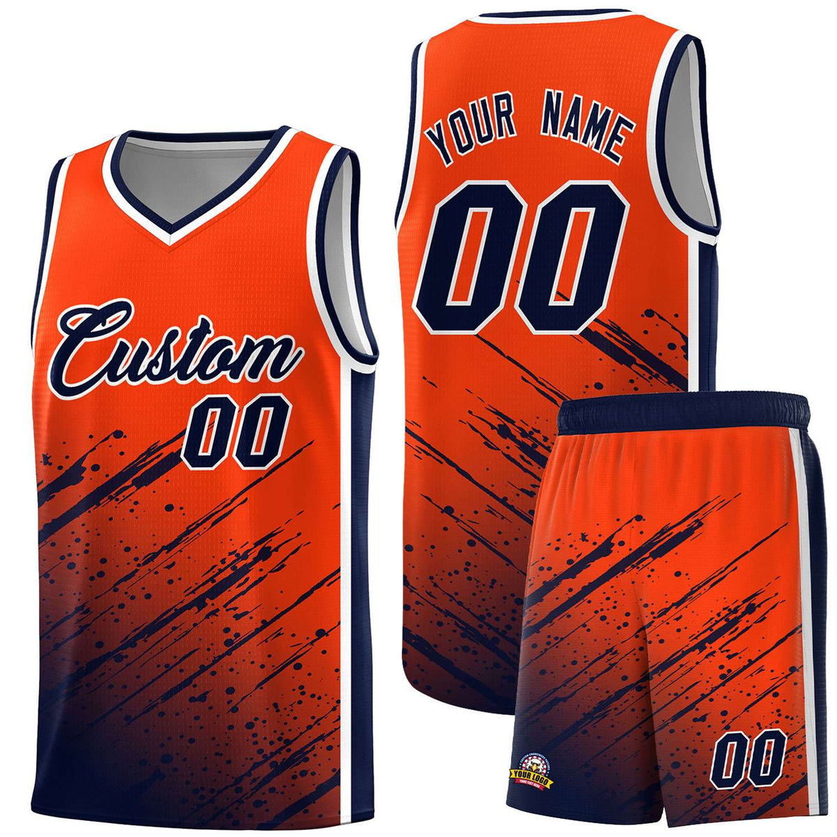 Custom Orange Basketball Kits With Navy Paint Graffiti