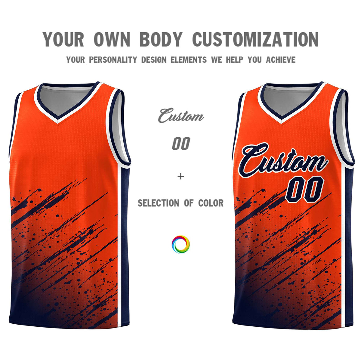Custom Orange Basketball Kits With Navy Paint Graffiti