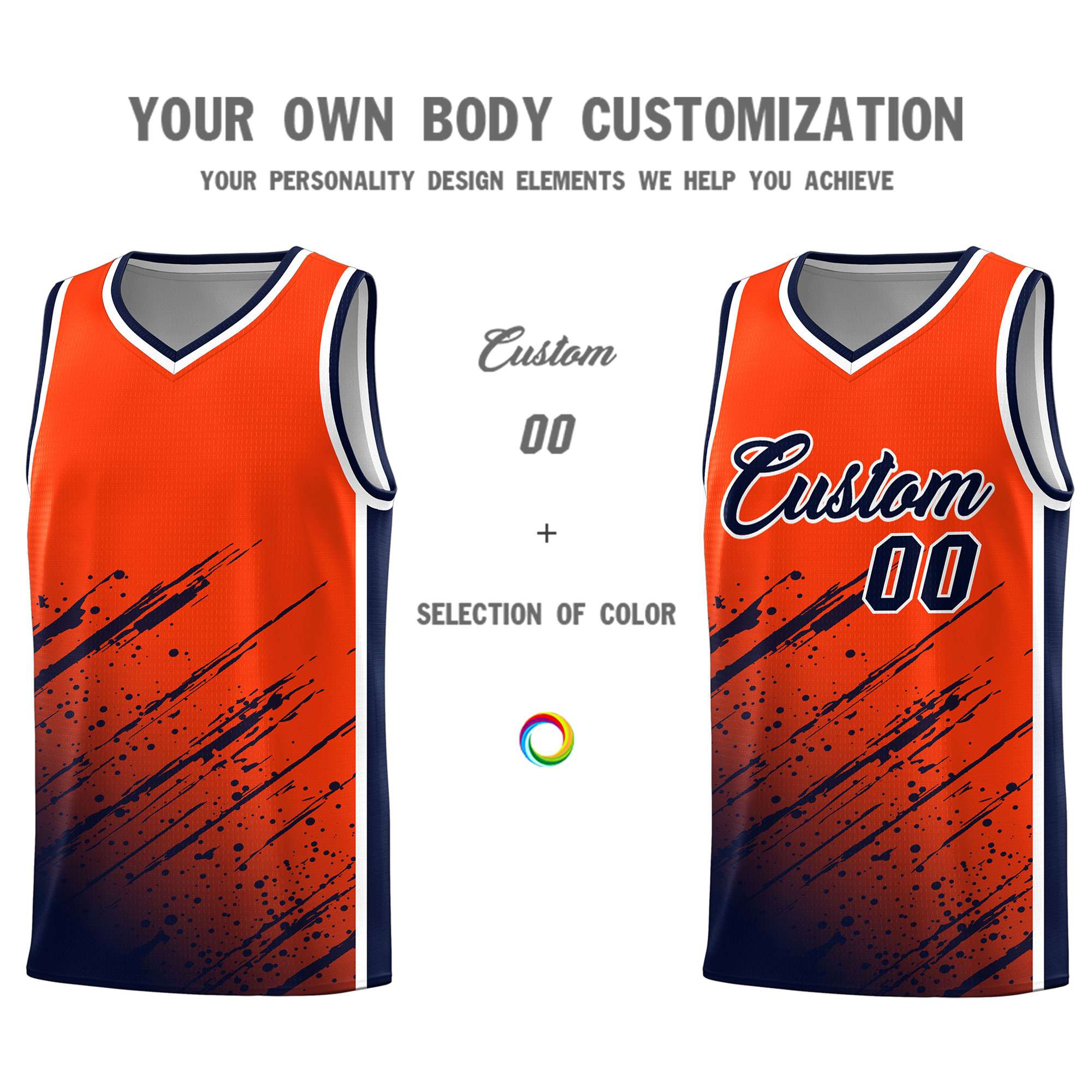 Custom Orange Basketball Kits With Navy Paint Graffiti