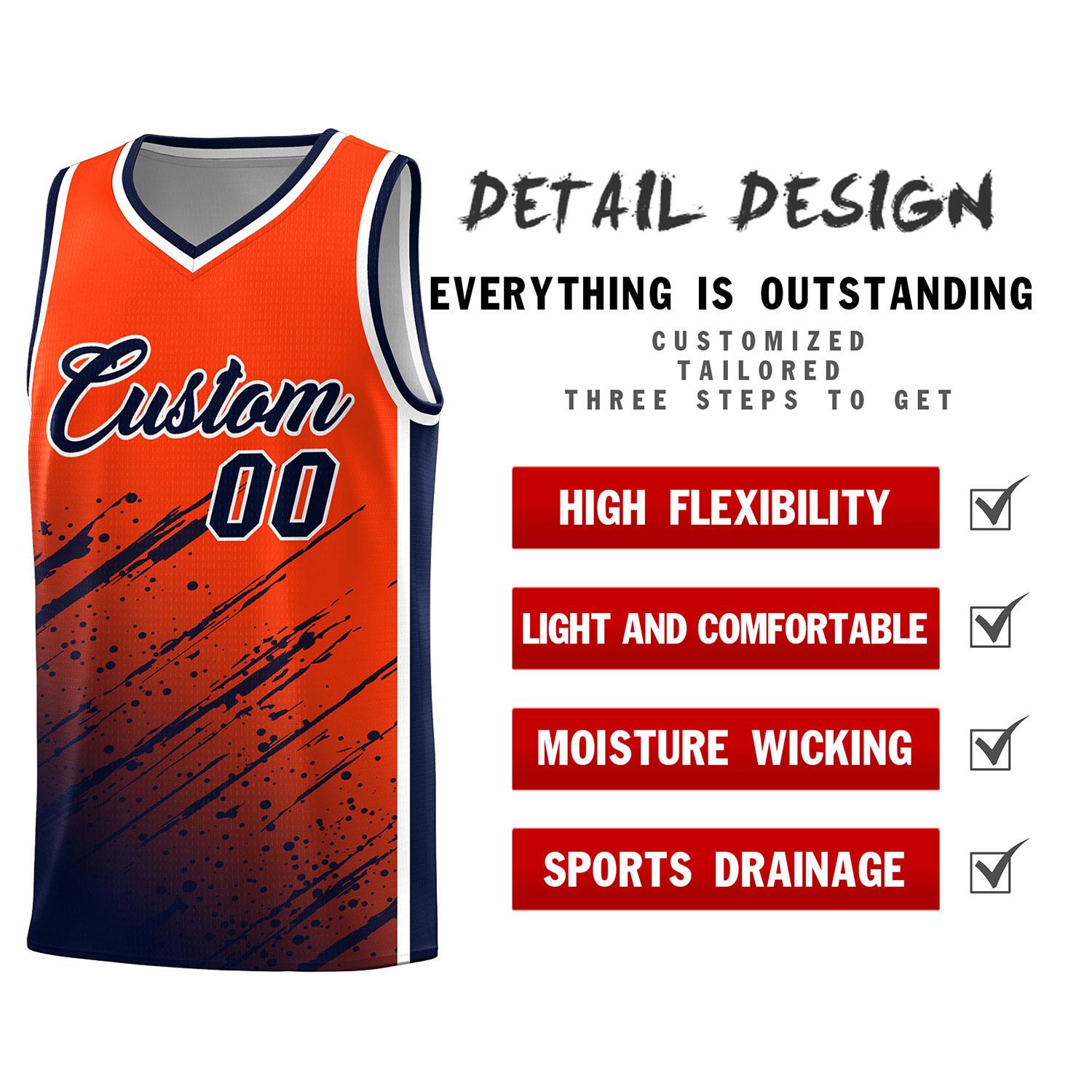 Custom Orange Basketball Kits With Navy Paint Graffiti