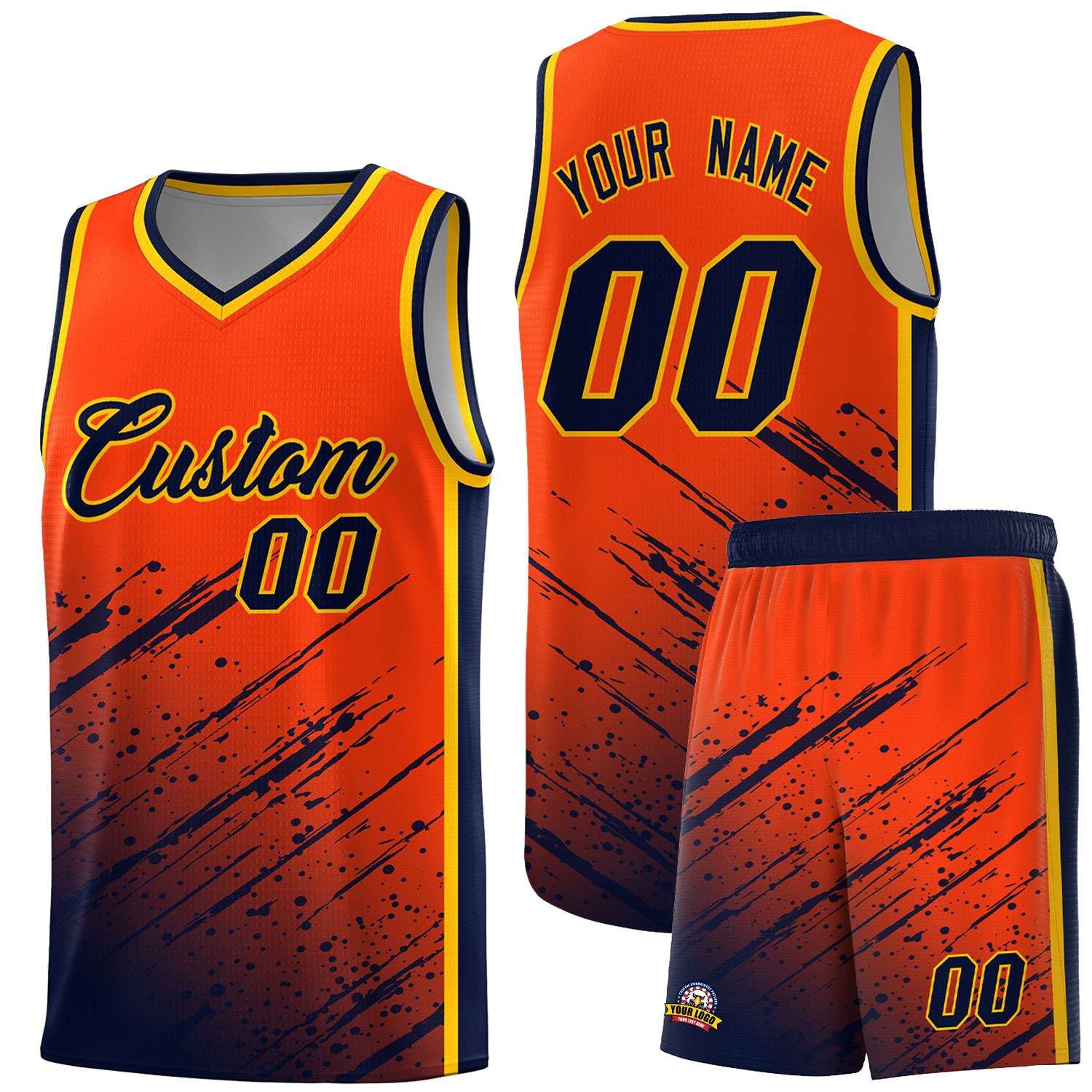 Custom Orange Basketball Kits With Navy Paint Graffiti