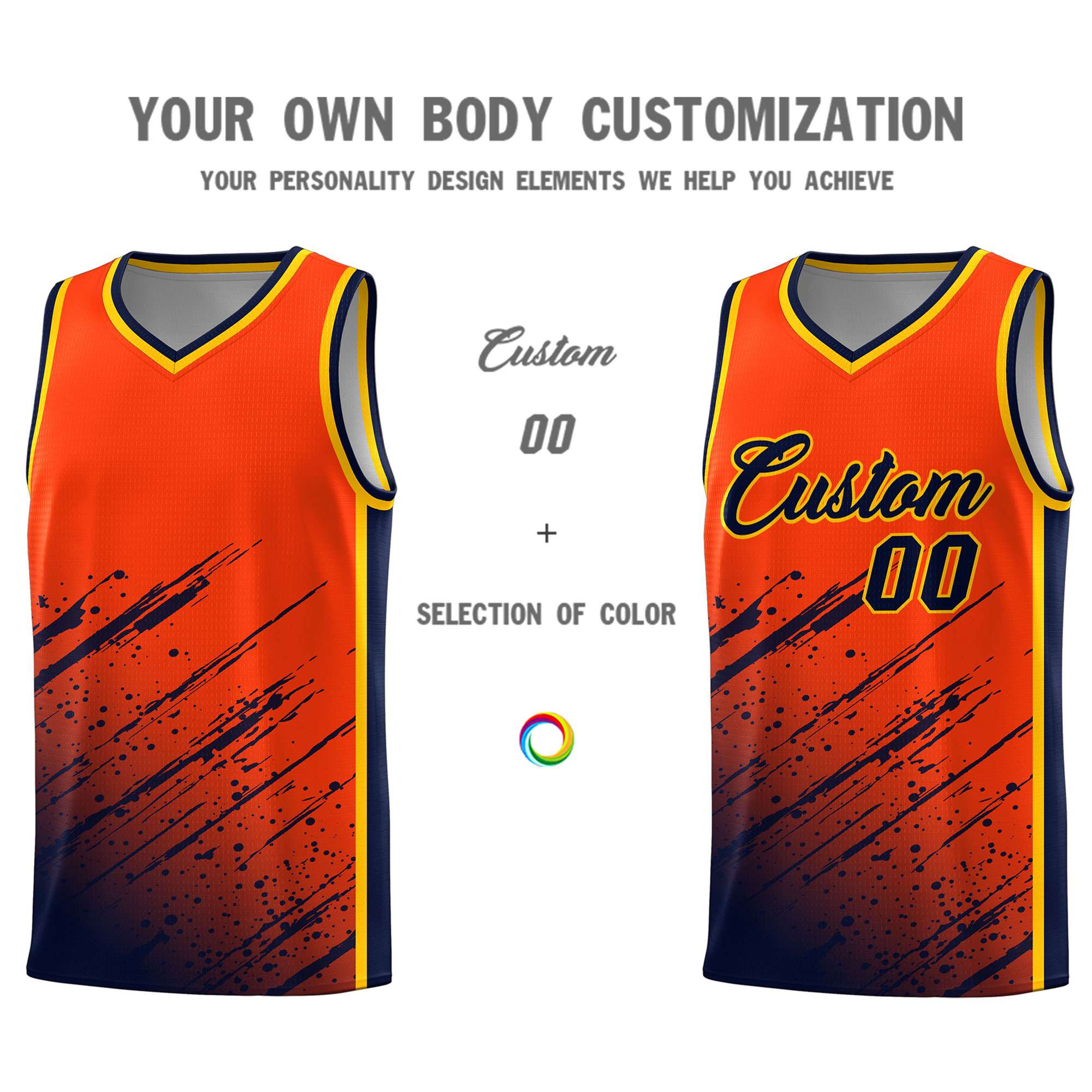 Custom Orange Basketball Kits With Navy Paint Graffiti