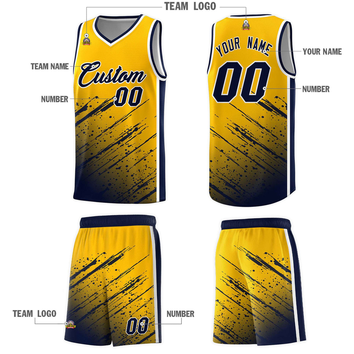 Custom Yellow Basketball Kits With Navy Paint Graffiti