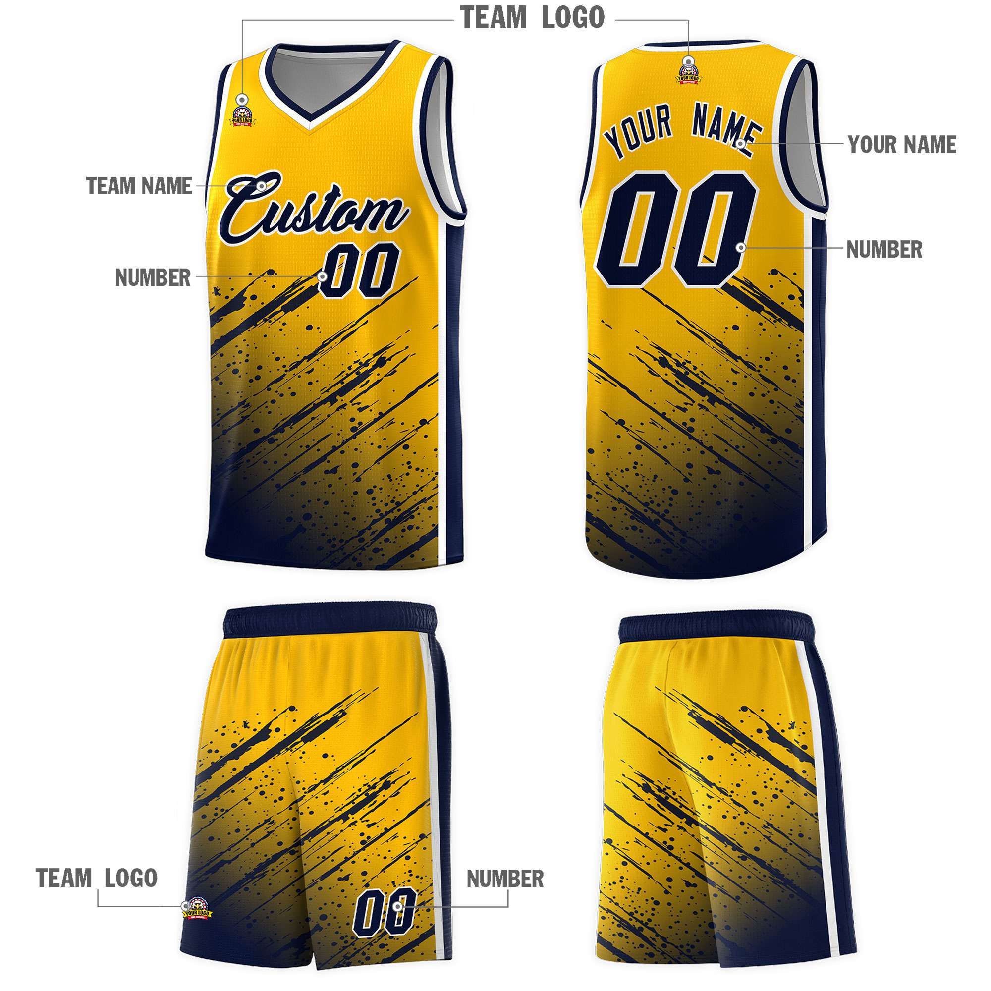 Custom Yellow Basketball Kits With Navy Paint Graffiti