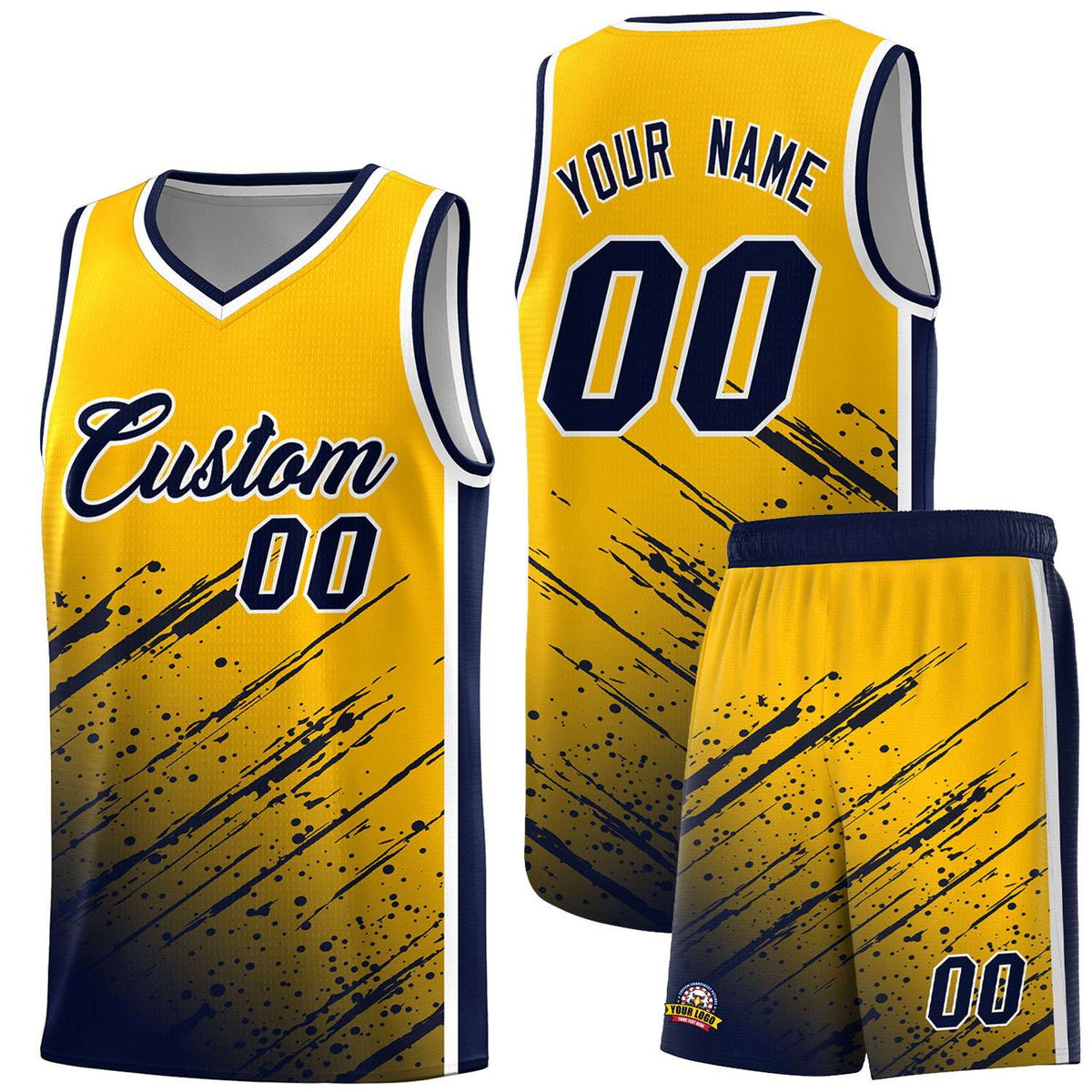 Custom Yellow Basketball Kits With Navy Paint Graffiti
