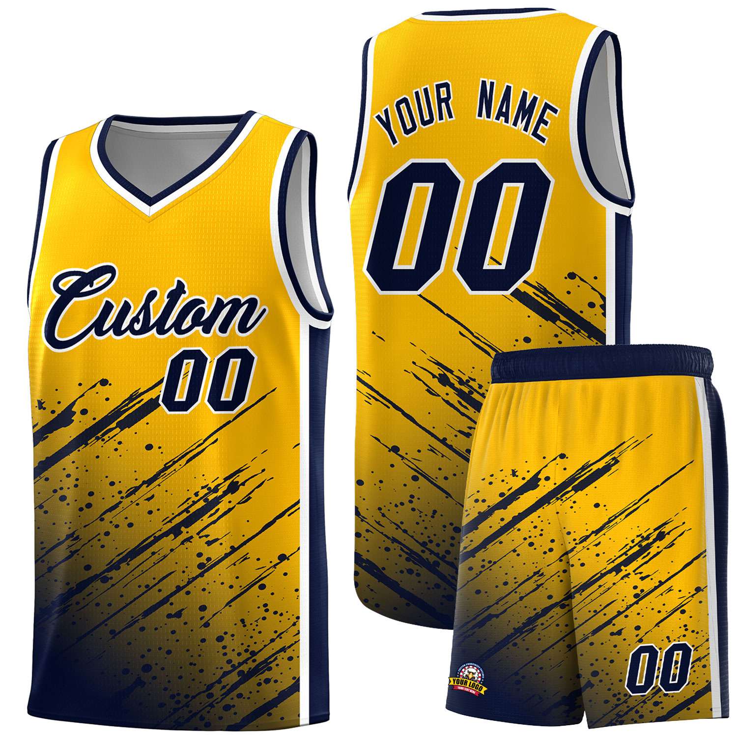 Custom Yellow Basketball Kits With Navy Paint Graffiti