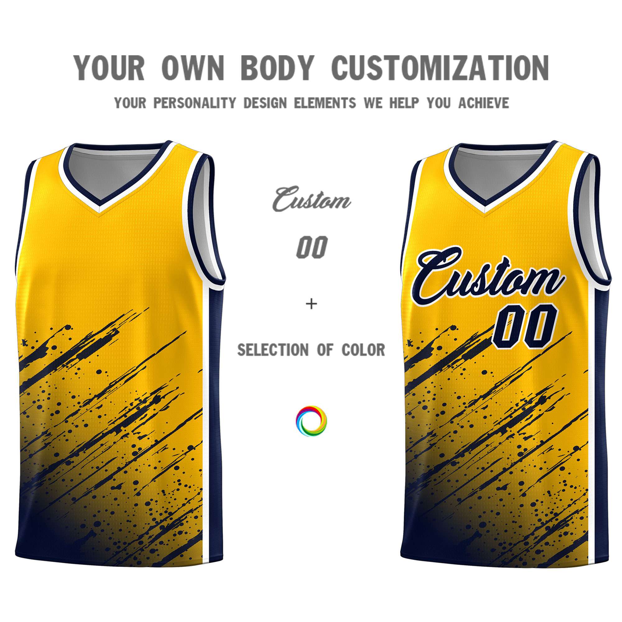 Custom Yellow Basketball Kits With Navy Paint Graffiti