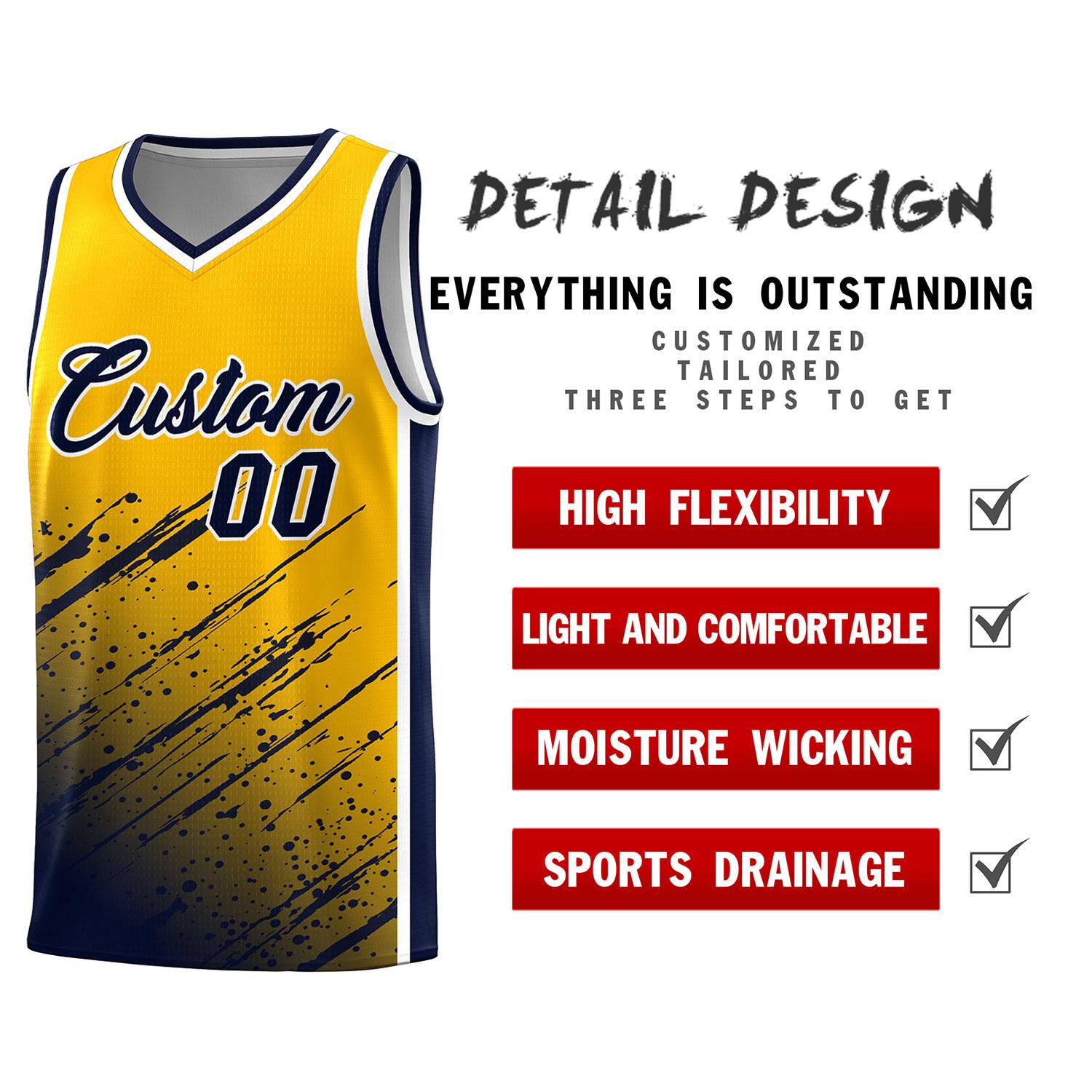 Custom Yellow Basketball Kits With Navy Paint Graffiti