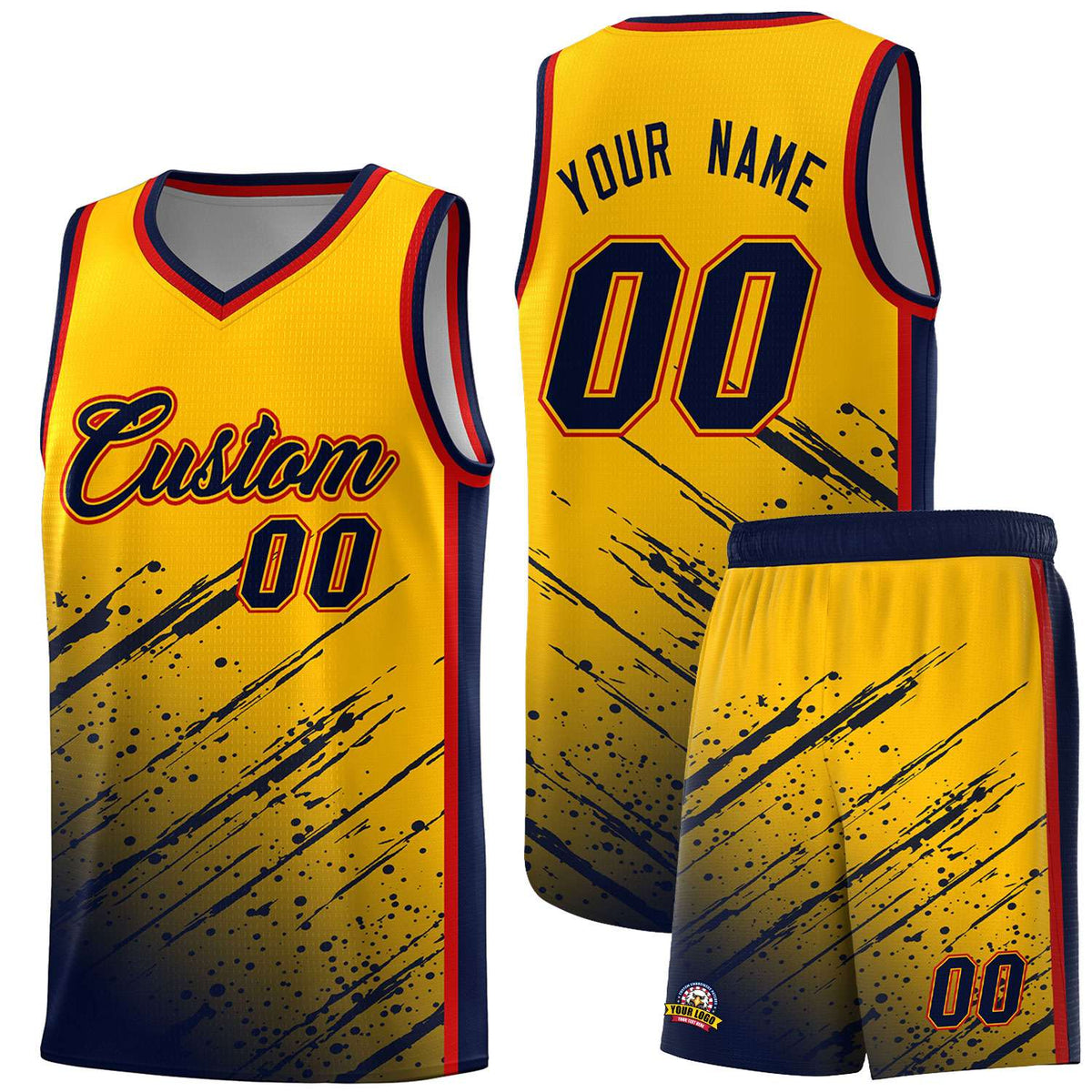 Custom Yellow Basketball Kits With Navy Paint Graffiti