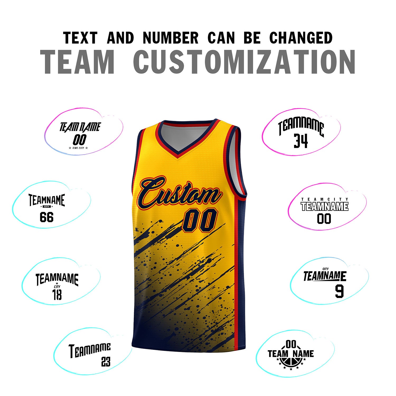 Custom Yellow Basketball Kits With Navy Paint Graffiti
