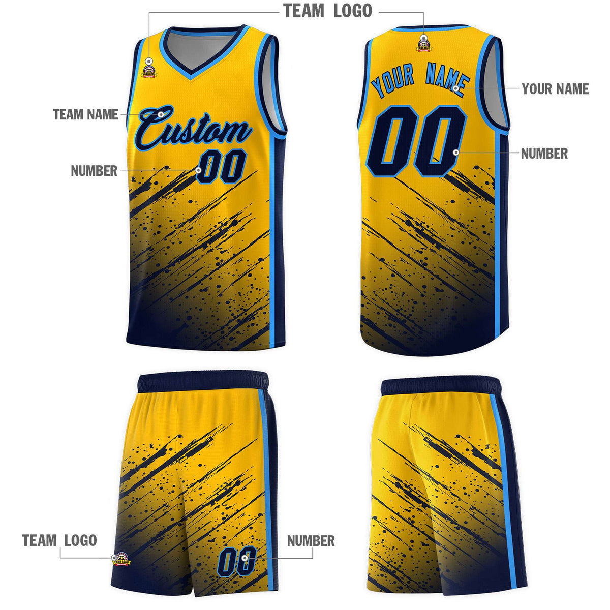 Custom Yellow Basketball Kits With Navy Paint Graffiti