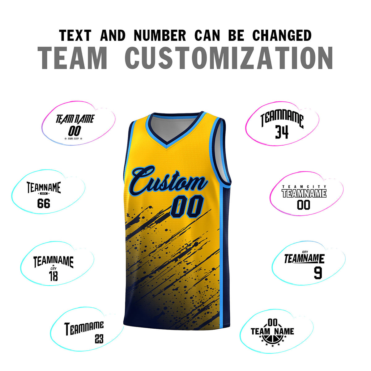 Custom Yellow Basketball Kits With Navy Paint Graffiti