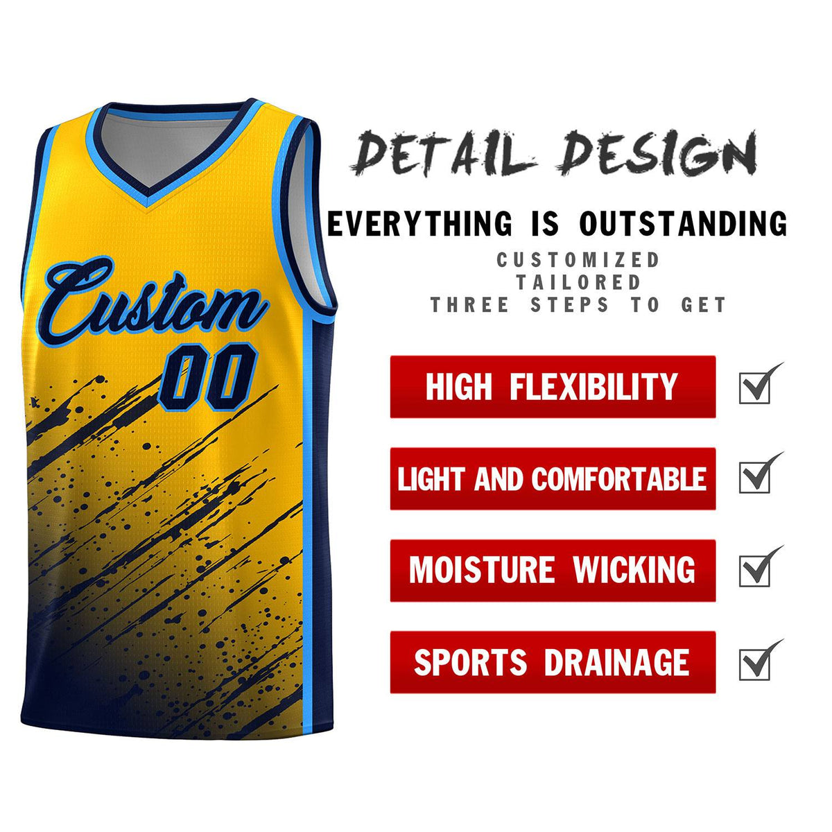 Custom Yellow Basketball Kits With Navy Paint Graffiti