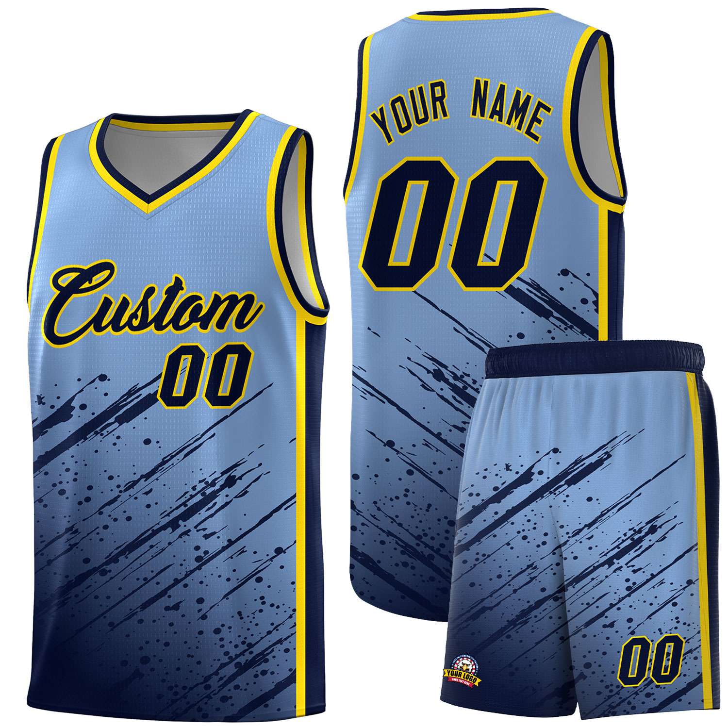 Custom Light Blue Basketball Kits With Navy Paint Graffiti