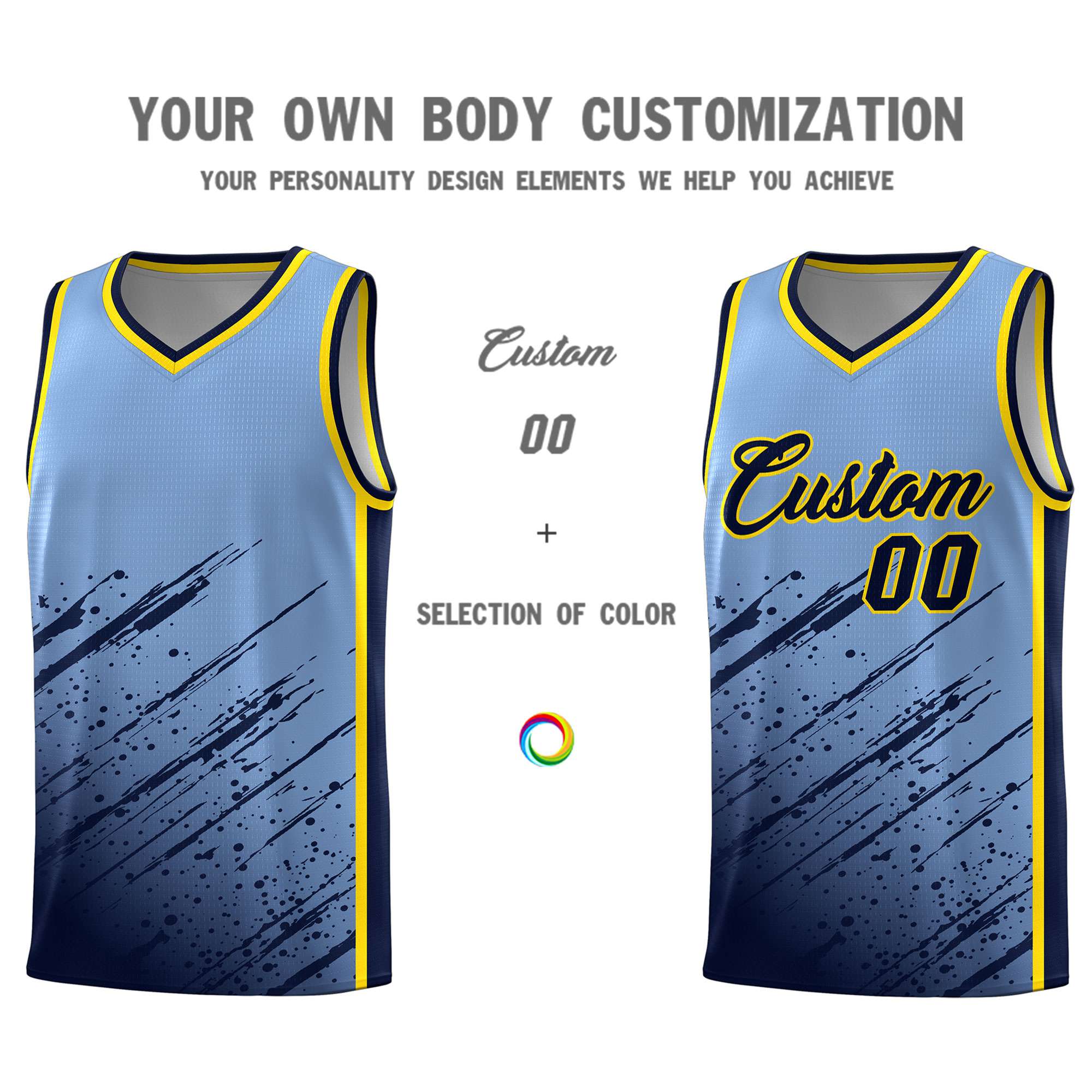 Custom Light Blue Basketball Kits With Navy Paint Graffiti