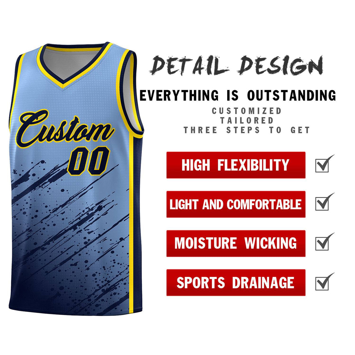 Custom Light Blue Basketball Kits With Navy Paint Graffiti