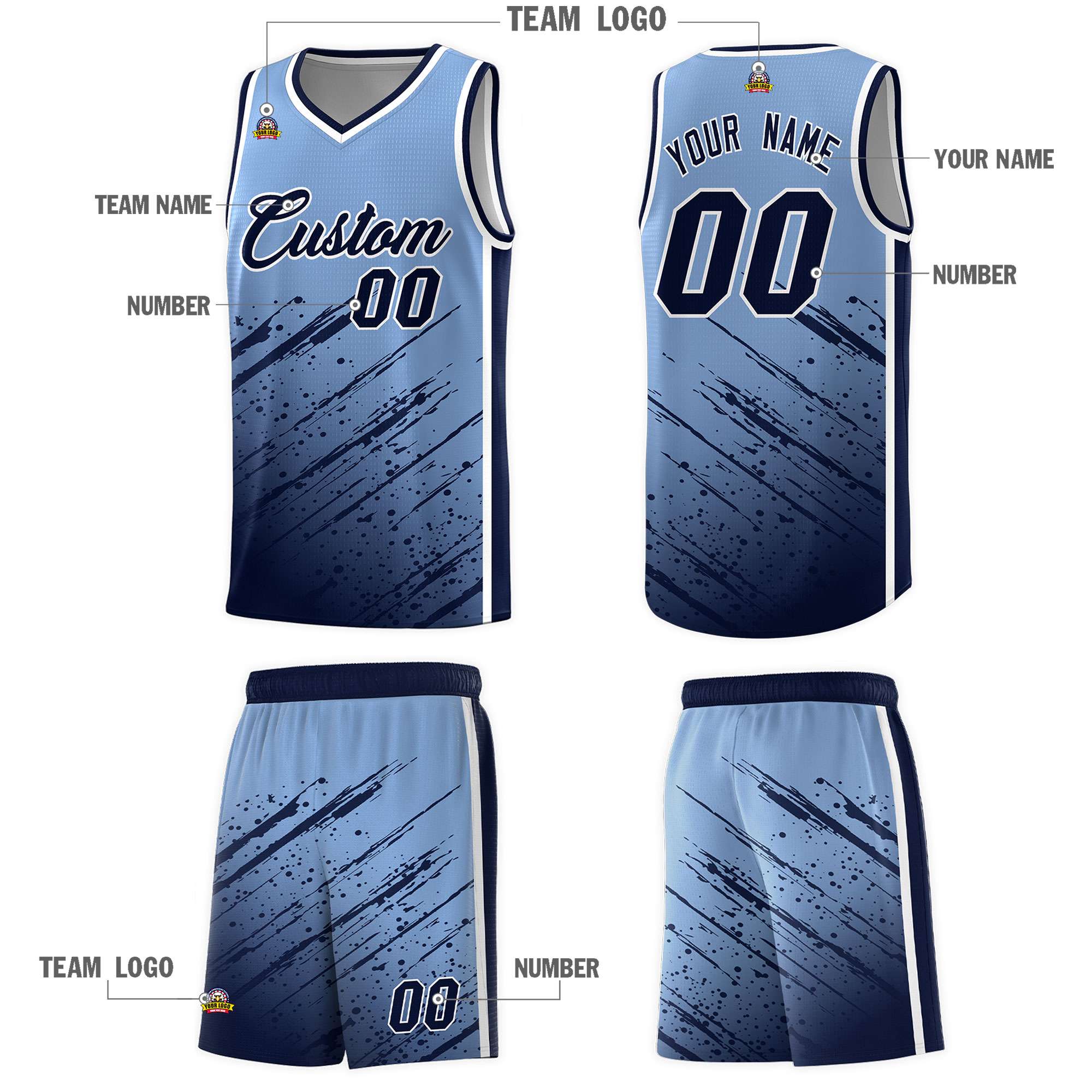 Custom Light Blue Basketball Kits With Navy Paint Graffiti
