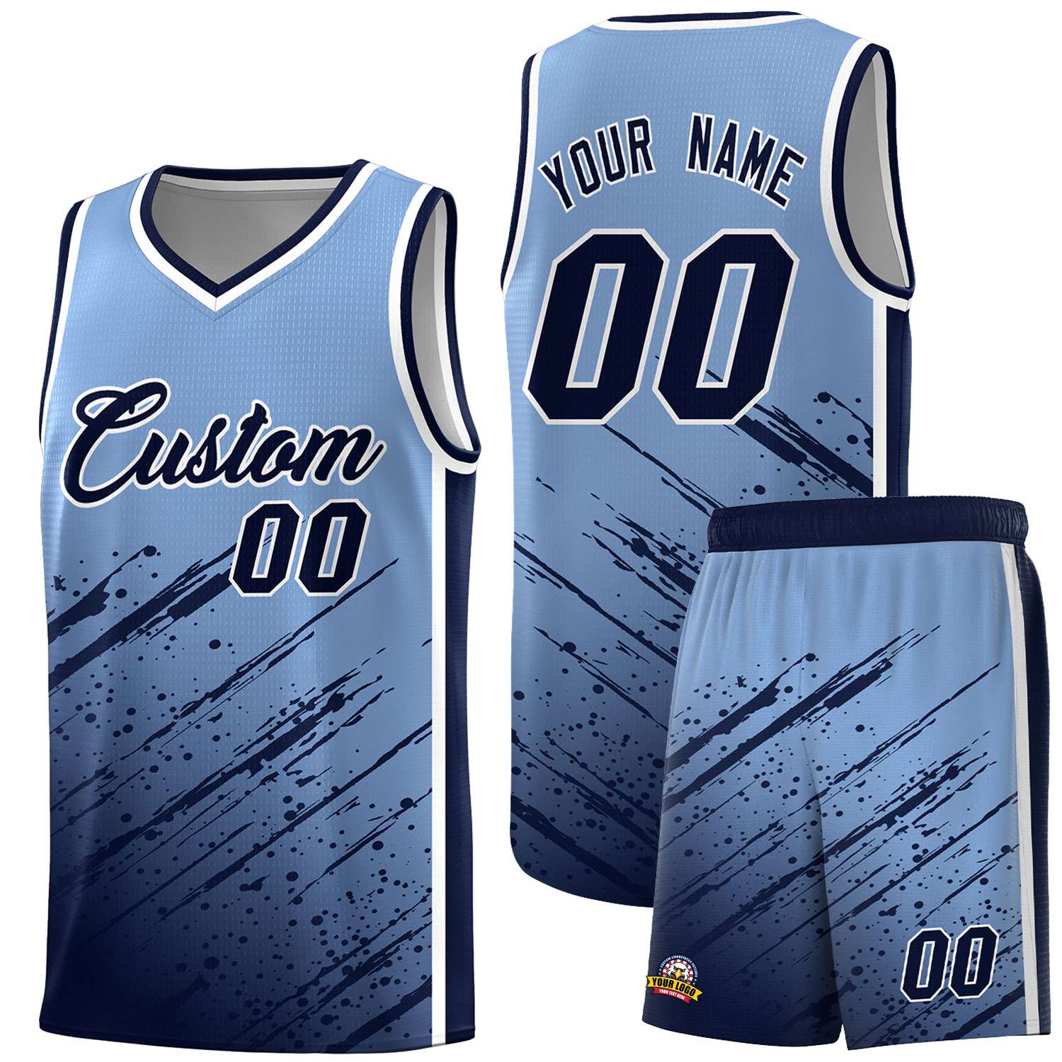 Custom Light Blue Basketball Kits With Navy Paint Graffiti