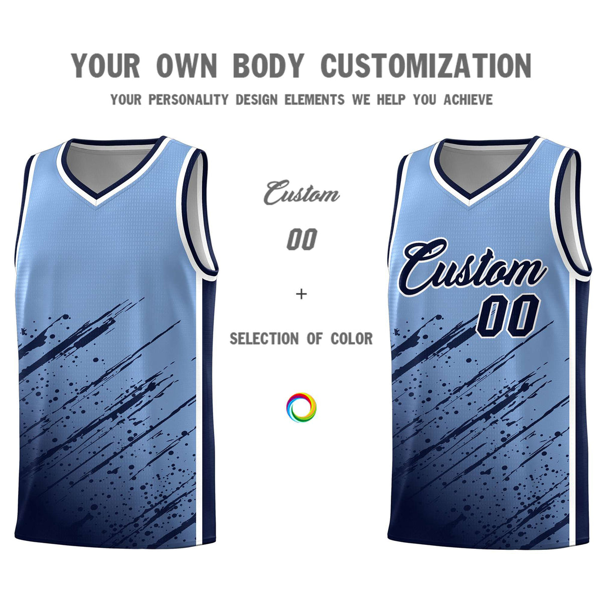 Custom Light Blue Basketball Kits With Navy Paint Graffiti
