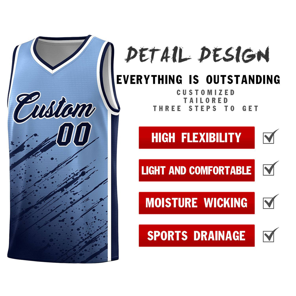 Custom Light Blue Basketball Kits With Navy Paint Graffiti