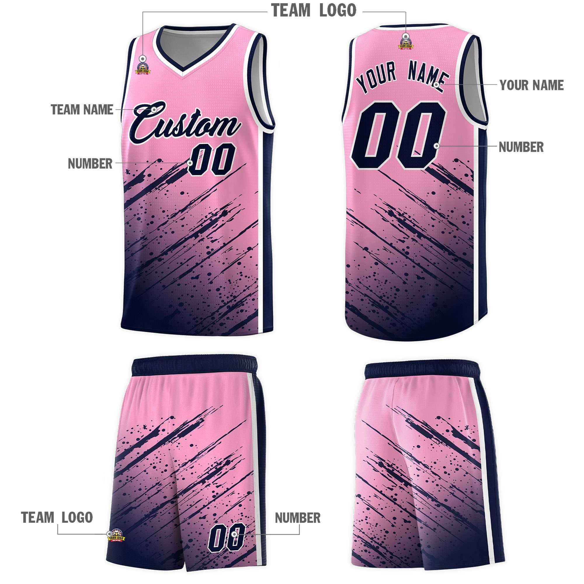 Custom Light Pink Basketball Kits With Navy Paint Graffiti