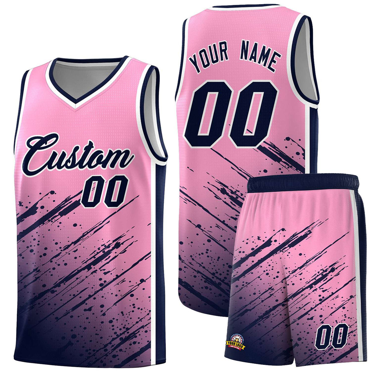 Custom Light Pink Basketball Kits With Navy Paint Graffiti