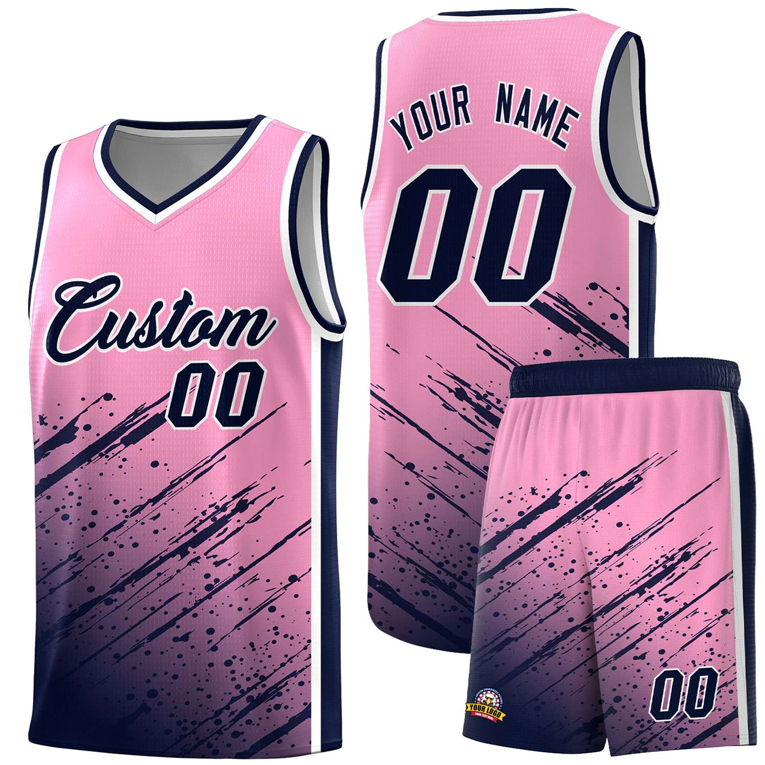 Custom Light Pink Basketball Kits With Navy Paint Graffiti