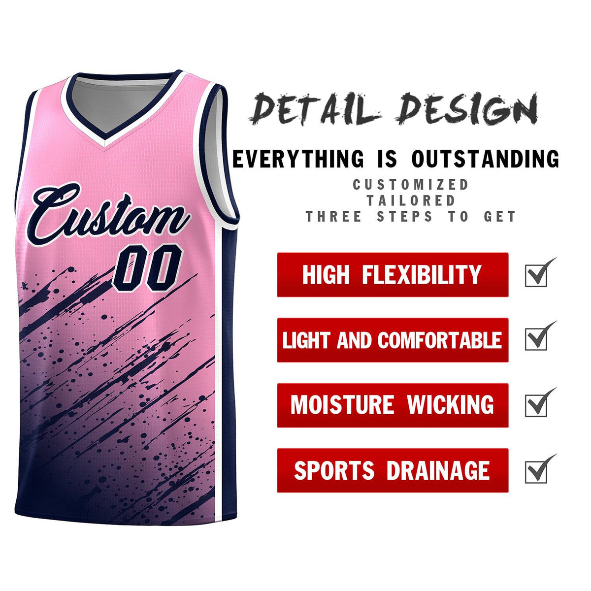 Custom Light Pink Basketball Kits With Navy Paint Graffiti