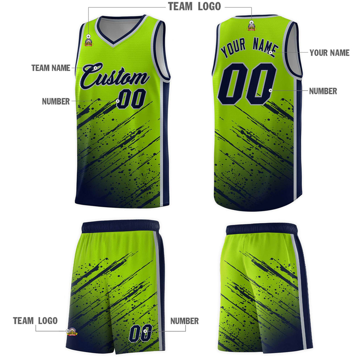 Custom Neon Green Basketball Kits With Navy Paint Graffiti