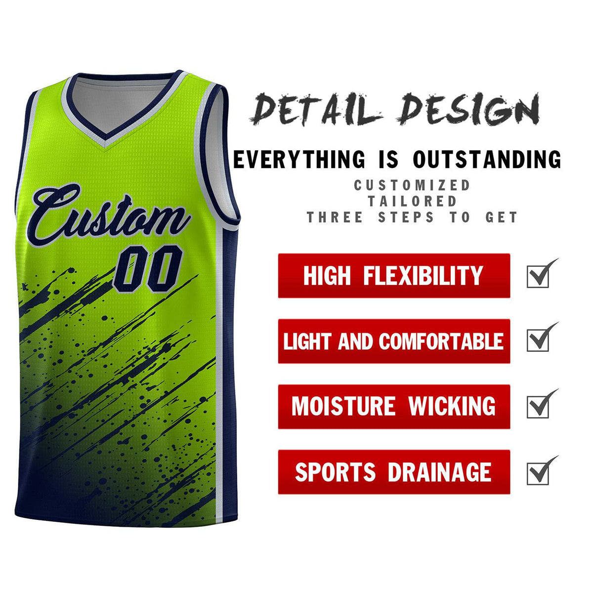 Custom Neon Green Basketball Kits With Navy Paint Graffiti