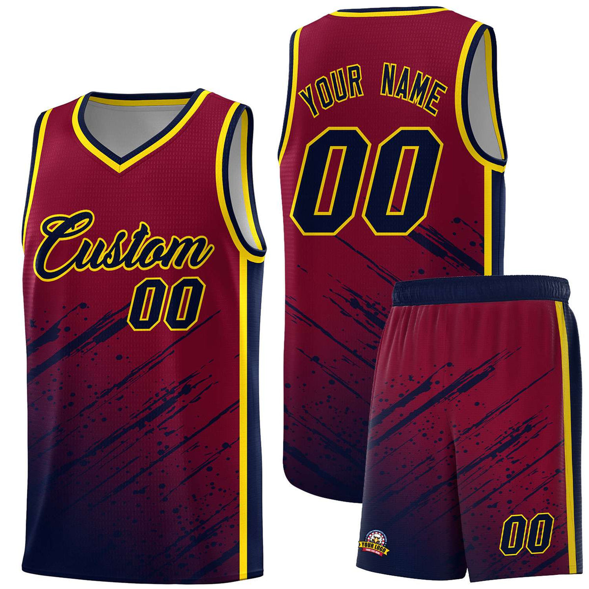 Custom Crimson Basketball Kits With Navy Paint Graffiti