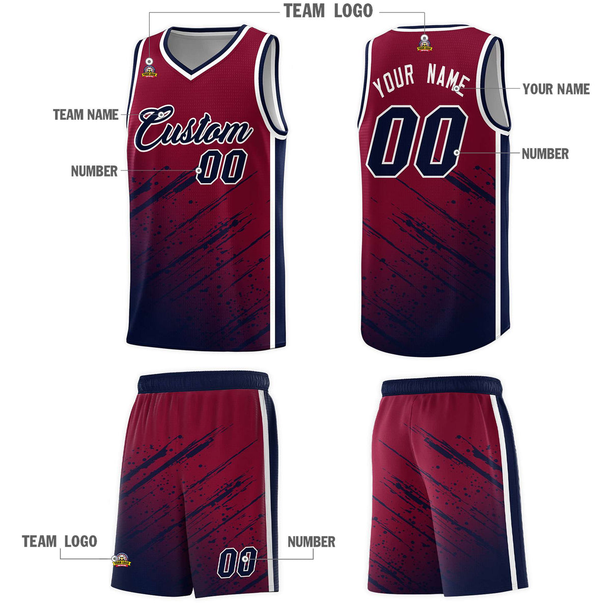 Custom Crimson Basketball Kits With Navy Paint Graffiti