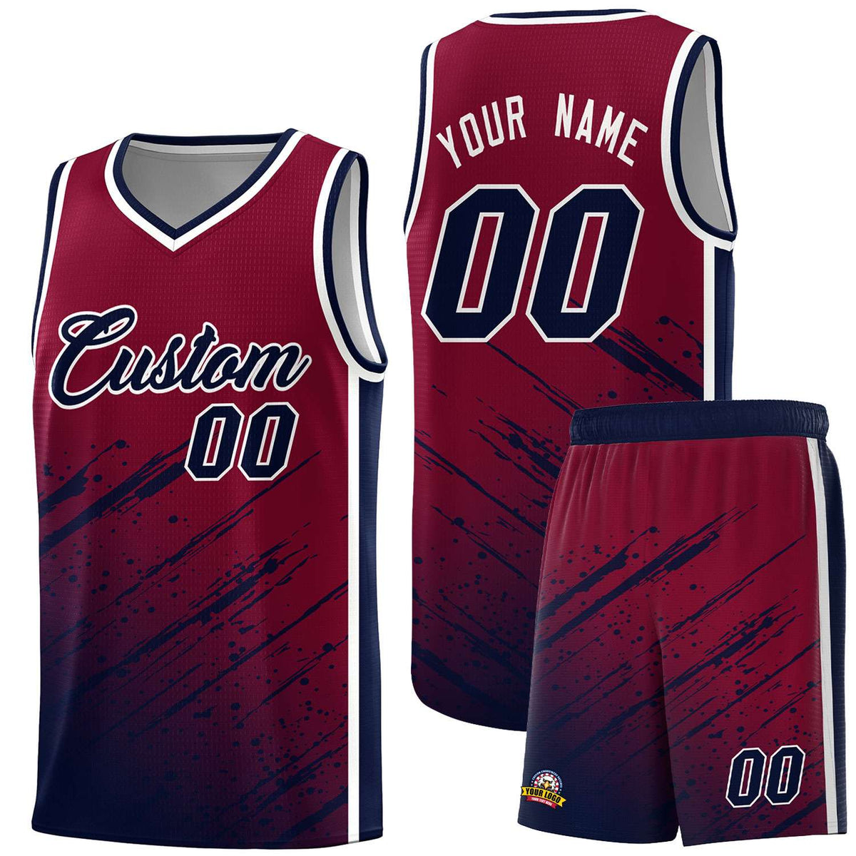 Custom Crimson Basketball Kits With Navy Paint Graffiti