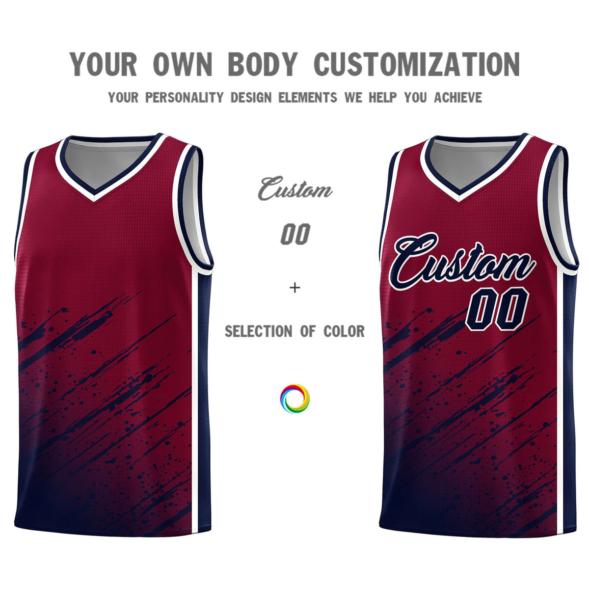 Custom Crimson Basketball Kits With Navy Paint Graffiti