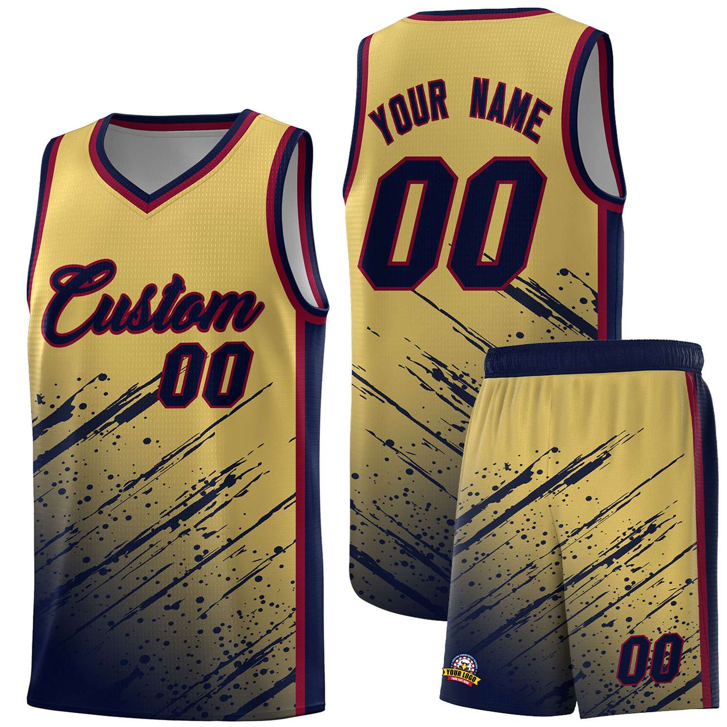 Custom Khaki Basketball Kits With Navy Paint Graffiti