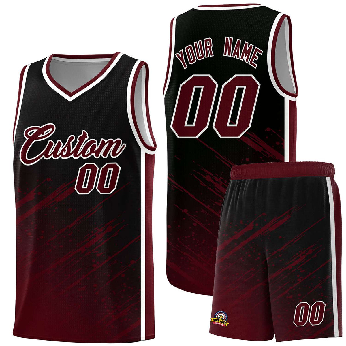 Custom Black Basketball Kits With Crimson Paint Graffiti