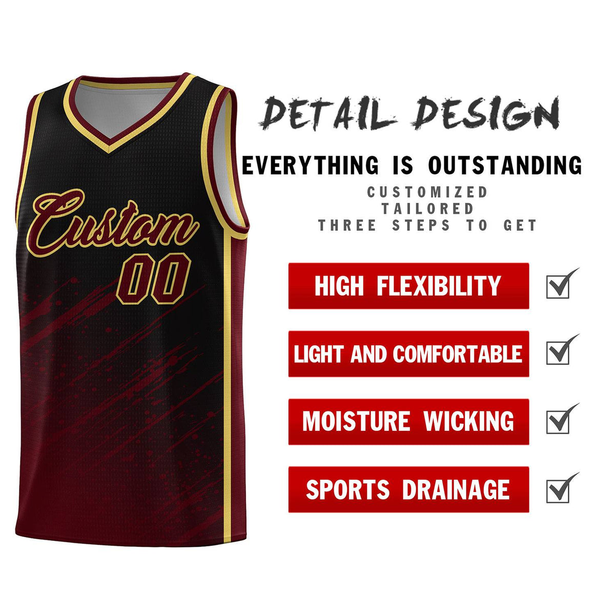 Custom Black Basketball Kits With Crimson Paint Graffiti